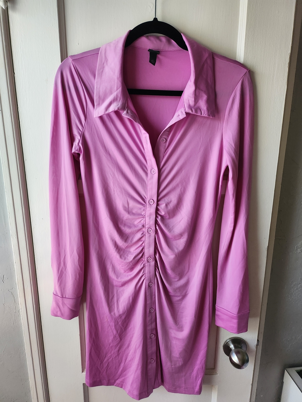 wild fable Pink Long-Sleeve Ruched Button-Front Shirt Dress